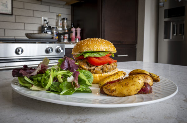 Gluten Free Veggie Burger<p class="archive-product-description" ><p>Mushroom Veggie Burgers on our home made gluten free bun with roasted fingerling potatoes and a side salad</p>
</p>